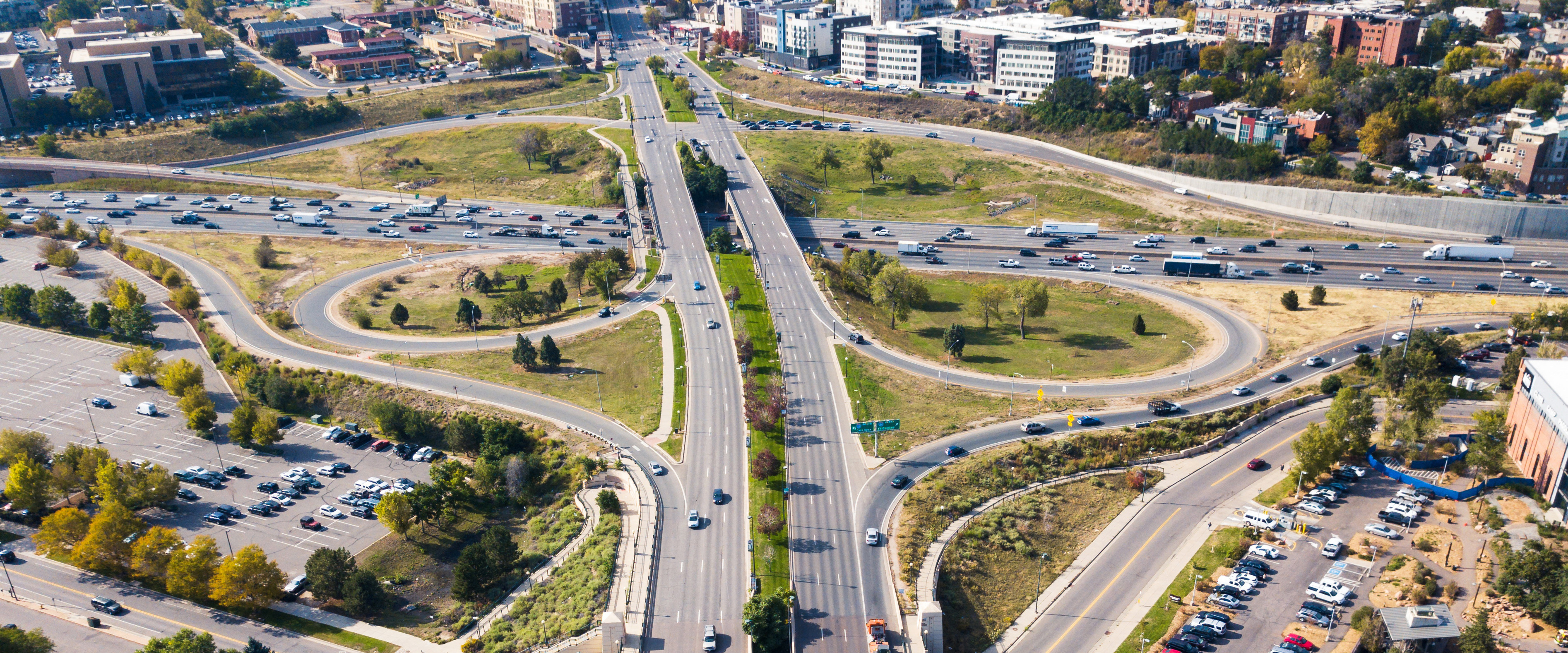 aerial view of Speer Boulevard where it crosses over Interstate 25 in Denver